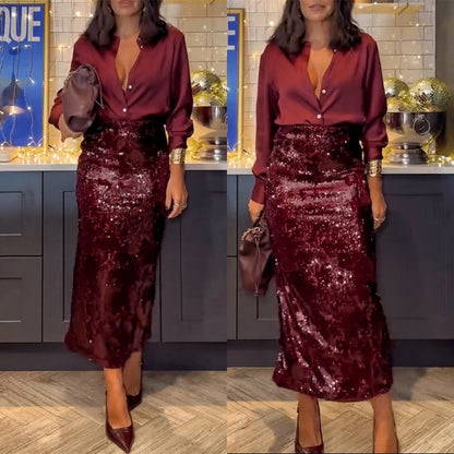 ✨Nowość✨Elegancki damski top i spódnica z cekinami 2-częściowy zestaw